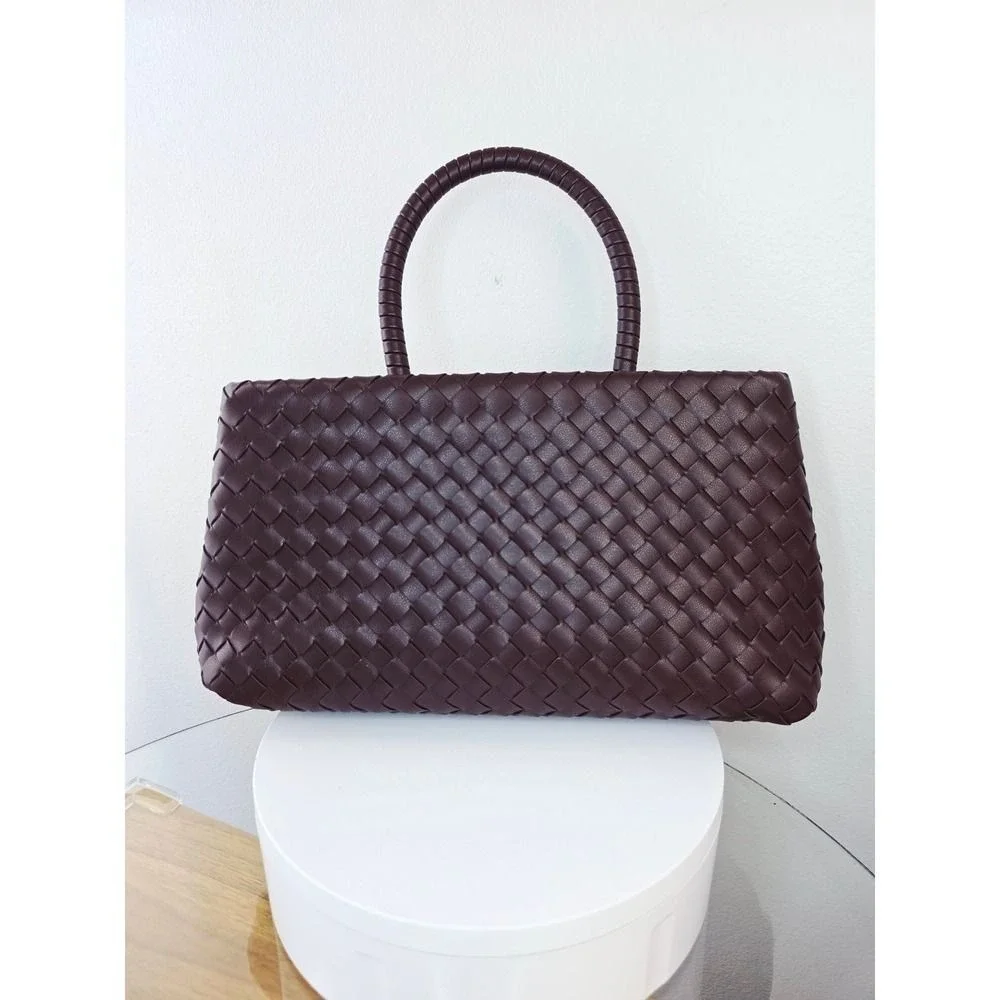 Woven Vegan Leather Satchel Handbag Burgundy Gold X Hardware Top Handle Bag